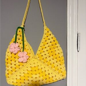 Handmade Yellow Crochet Bag with Pink Flower Accents